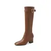 Versión de piel de vaca~Piel genuina hebilla de metal suela gruesa botas largas hasta la rodilla botas largas de tacón grueso botas de tubo alto para mujer botas de jinete