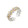 Anillo Abierto Floral Artístico Vintage Bicolor Dorado Cepillado, Aleación de Cobre Incrustado con Circonita, Anillo Ajustable de Lujo Ligero de Nicho
