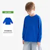 Camiseta canelada de algodão puro com gola redonda e mangas compridas, unissex, adequada para outono e inverno, com caimento confortável, tecido macio e amigo da pele, e design versátil para roupas infantis