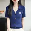 Cardigan de Tricô Gola Polo Lã Fina Novo Verão/Primavera 2026 Manga Curta Feminino Estilo Coreano Com Letras Slim Fit