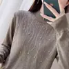 Suéter de malha estilo mãe, com contas e cravejado de diamantes, amigável à pele, gola semi-alta para mulheres, novo de 2026, corte solto, manga longa, suéter básico
