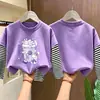 Camiseta base de manga larga tipo dos piezas para niña, nuevo estilo primavera/otoño 2026, camiseta de algodón puro con cuello redondo, corte holgado para niños mayores