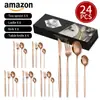 Amazon Transfronterizo Cubiertos de Acero Inoxidable Cuchillo Portugués, Tenedor y Cuchara Set de 24 Piezas Cuchillo para Filete, Tenedor y Cuchara Estilo Occidental Set en Caja de Regalo