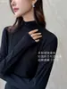 32070 # Nova blusa de base luxuosa canelada de lã com renda, gola alta média, manga longa, nicho para mulheres
