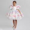Novo vestido de meninas europeu e americano bolha manga princesa vestido crianças floral malha tutu saia vestido atacado