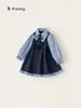 Vestido de manga larga Bongxuan para niños mayores, colección de otoño, estilo preppy, vestido largo con volantes para niños, falso dos piezas, elegante vestido para niña