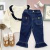Cutemily bebê menina algodão stretch jeans bebê retro azul escuro folha de lótus flared jeans