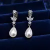 Pendientes de Clip de Zirconia de Cobre de Alta Gama para Mujer, Elegantes de Lujo Ligero, Pendientes de Perla Gota de Agua Nupciales, Venta al por Mayor Transfronteriza