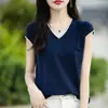 Camiseta de punto para mujer con cuello en V y manga corta, estilo verano nuevo, top de punto con bolsillo en color block, top holgado de manga corta, camiseta básica, comercio exterior japonés y coreano
