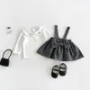 Conjunto de Duas Peças Dianxi Girls Estilo Coreano com Gola Bordada e Macacão Saia de Bolinhas Doces para Bebês e Crianças Pequenas Novidades de Outono