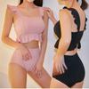 Traje de baño nuevo de Corea del Sur 2020, bikini sexy de cintura alta con volantes de color sólido dividido, traje de baño conservador para mujer