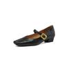 Textura Completa Piel de Cabra Hebilla Cuadrada Metálica Mary Jane Primavera 2024 Tacón Bajo Grueso Punta Cuadrada Zapatos de Cuero Completo para Mujer Talla Grande 42