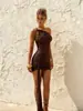 Vestido Corto Sexy Asimétrico de un Hombro, Color Sólido, Fruncido Sexy, Ajuste de Cintura, Nuevo de Verano 2025 Europeo y Americano