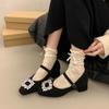 Início da primavera de 2025, novos sapatos de salto alto grosso, pretos, com cabeça quadrada e strass, sapatos femininos Mary Jane Mao com forro de lã