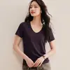 Camiseta de Manga Corta Ajustada para Mujer de Lyocell Tencel Lino [Cuello Redondo con Cara Sonriente], Top Fresco y Versátil para Verano
