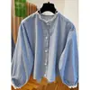 Camisa de Cuadros Azules con Mangas de Linterna para Mujer Primavera y Otoño Nuevo Diseño Encaje Empalmado Camisa de Encaje Cárdigan Top