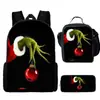 Mochila Escolar Infantil Monstruo de Pelo Verde Grinch Mochila para Estudiante de Primaria Bolsa de Comida Estuche para Lápices Mochila de Tres Piezas Venta al por Mayor Transfronteriza