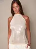 Top Corto de Tirantes sin Mangas con Lentejuelas y Lentejuelas Brillantes por Todas Partes, Diseño de Espalda Descubierta con Lazos, Corte Ajustado, Camisola Sexy