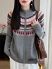 100% lana, siete puntadas, de dos cabos, engrosada, patrón trenzado Fair Isle, chaqueta con doble cremallera para mujer, jacquard vintage, cárdigan de punto de corte holgado