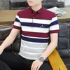 Nueva camisa polo de rayas para hombre de verano, manga corta, cuello camisero, casual de negocios, transpirable, absorbente de sudor, top de algodón para papás de mediana edad