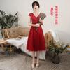 Vestido de Casamento Longo Vermelho Vinho Ombro a Ombro para Noivas, Novo Estilo 2026, Vestido de Maternidade de Cintura Alta com Manga Curta para Banquetes