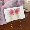 Pendientes de Borlas de Flores de Tul Rosa Estilo Francés para Mujer Pendientes Largos de Vacaciones Diseño Único Sentido de Diseño Pendientes Exagerados