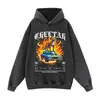 Sudadera con Capucha Lavado de Flor Frita Vintage Estampado de Fuente Holgada Oversize Estilo Americano High Street Racing