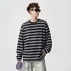 Camiseta listrada color-block estilo retrô americano de manga comprida, masculina, tendência de outono, corte solto, modeladora, top versátil para usar por baixo