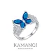 Novo anel de dedo feminino com borboleta fantasma azul escuro transfronteiriço, totalmente cravejado com diamantes, zircônia, joia de mão requintada de luxo leve de alta qualidade