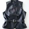 Chaqueta Chaleco de PU Estilo Nuevo Otoño Temprano 2025 con Cinturón, Moderna y Versátil, Corte Entallado, Sin Mangas, Manga Corta Casual