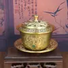 Atacado do fabricante de tigelas de chá de latão com dragão e fênix, tigelas com tampa em relevo de dragão e fênix, artesanato em metal, processamento personalizado com base em desenhos e amostras