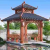 Pavilhão com Textura de Madeira Imitada, Novo Estilo Chinês Pavilhão de Lazer de Quatro Cantos para Exterior, Telhado Inclinado, Pavilhão Antigo, Pavilhão de Liga de Alumínio de Canto Dupla Camada