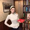 Pajarita de Puntos Blancos con Camiseta para Mujer Otoño Encaje Diseño Delgado Top de Manga Larga Ins