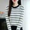 2026 Bloqueo de Color Retro Nuevo Rayado Algodón Puro Tejido Simple Cuello Redondo Versátil Manga Larga Ajustado Top Ropa para Mujer