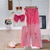 Roupa infantil atacado conjunto meninas verão 25 novo colete com laço infantil top jeans rasgado conjunto de duas peças