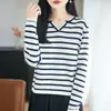 Suéter de Punto de Algodón Puro con Cuello en V de Manga Larga para Mujer, Bloque de Color Rayado, Corte Holgado, Camisa Base Superior, Nuevo Otoño/Invierno 2026