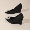Zapatos Elegantes de Corte Bajo para Mujer Tallas Grandes Hebilla de Pedrería Tacones Altos 2026 Nuevos Versátiles Punta Fina Cuña Zapatos Planos de Trabajo