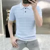 2026 Nueva Camisa Polo de Punto Hueco a Rayas Azules y Blancas de Manga Corta para Hombre, Camiseta Delgada de Verano Estilo Old Money con Cuello