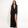 Amazon Ropa de Mujer 2026 Otoño Nueva Llegada Elegante Escote en V Profundo Manga Larga Sexy Ajustado Ceñido Vestido Plisado con Abertura Alta