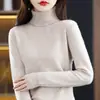 Otoño Invierno Nuevo Jersey de Lana Pura para Mujer Cuello Alto Color Sólido Holgado Corto Cachemira Tejido Capa Base Suéter