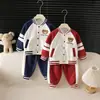 Conjunto de jaqueta de baseball com capuz, estilo casual de outono, para meninos, de peça única, com estampa de urso em fleece de toalha para meninos