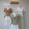 Camiseta de Manga Corta Azul con Adorno de Encaje Trenzado Estilo Coreano para Mujer, Top de Verano Ajustado