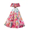 Vestido feminino estilo europeu e americano, ombro a ombro, com babados na cintura, comprimento até a cintura, saia de chifon estampada com fenda e balanço