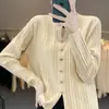 Nuevo Estilo de Primavera Tejido de Punto Canalé de Lana Artificial de Manga Larga para Mujer, Top Exterior Holgado de Estilo Coreano con Abertura Simple para Mujer