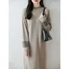 Novo Vestido de Malha Vintage Outono/Inverno Lã Pura Gola Redonda Meio Alta Manga Longa Jacquard Vazado Midi