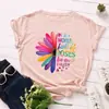 Comércio Exterior Europeia e Americana Feminina Solta Gola Redonda Manga Curta Camiseta Feminina Tendência Criativa Colorida Estampa de Margarida Girassol