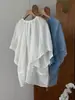Top único con cordones azul y mangas acampanadas para mujer, camisa de ramio de manga corta con ribete de encaje de verano 023