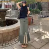 Saia Midi Jeans Desfiada Estilo Retrô Americano Verão 2026 Feminina Saia Jeans Desfiada Cauda de Peixe