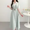 Tallas actualizadas. Vestido de mujer de longitud media, patchwork chic coreano estilo francés, bloques de color, con cinturón para ceñir la cintura