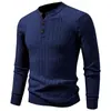 Suéter Henley masculino para outono e inverno, trançado, cor sólida, manga longa, pulôver, casual, slim fit, segunda pele